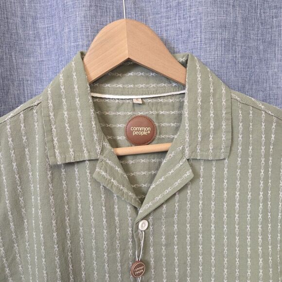 NWT COMMON PEOPLE Harris Shirt Linen Blend SS Sage Green Stripe Mens S MSRP $179 - Picture 2 of 13